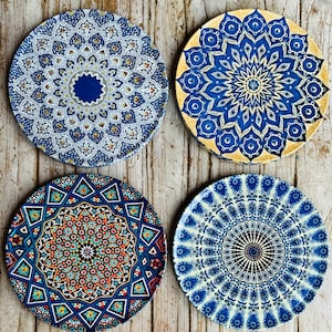 Set of  Coasters , Set of 4 Drinking Coasters | Turkish Coaster / Persian / Mediterranean design pattern, Tea Coffee Cup Mats , Gift