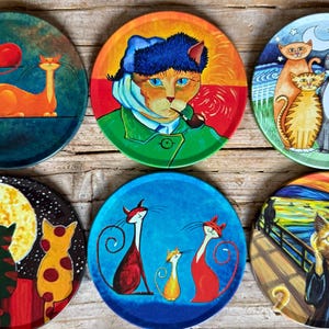 Coaster | Set of 6 Drink Coasters | Mediterranean Pattern Coasters | Art Coaster Set | Christmas Gifts | Housewarming Gift | Gifts for Her Cat Art