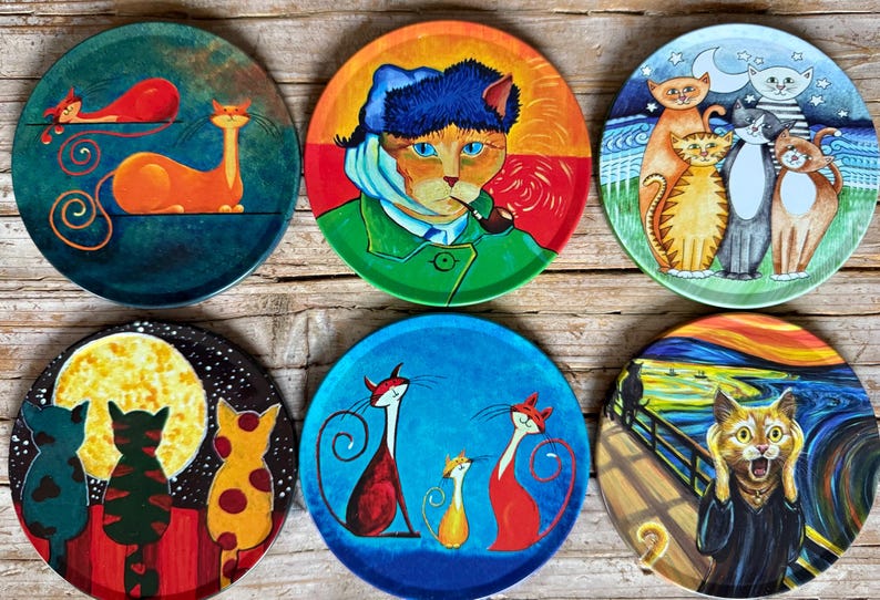 Coaster | Set of 6 Drink Coasters | Mediterranean Pattern Coasters | Art Coaster Set | Christmas Gifts | Housewarming Gift | Gifts for Her Cat Art