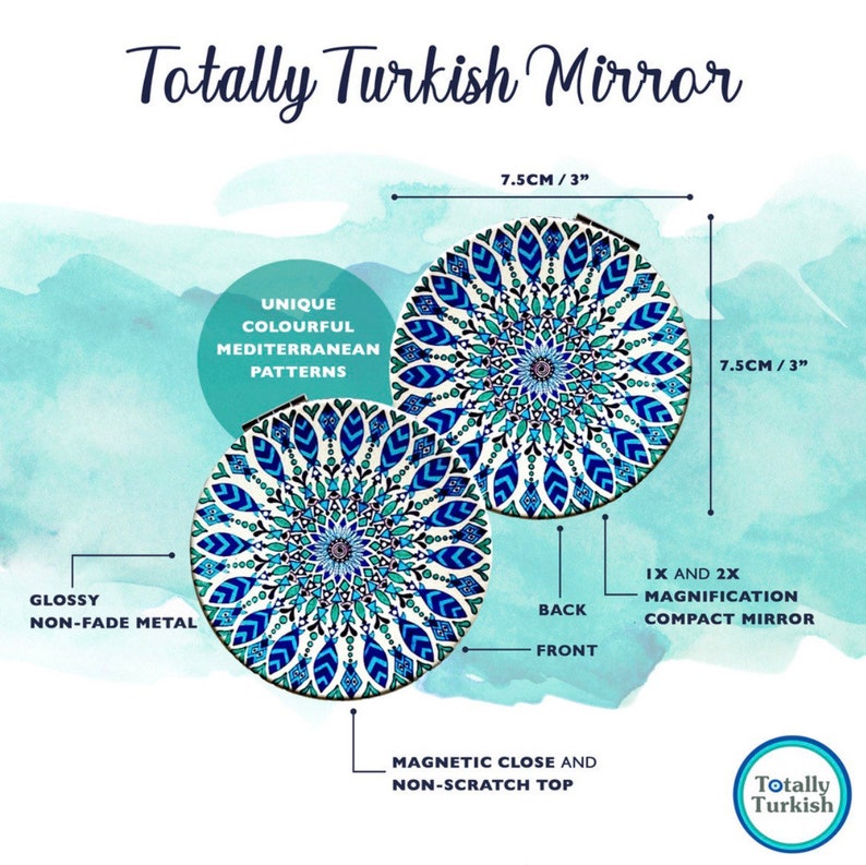 May include: A compact mirror with a 3-inch diameter featuring a unique colorful Mediterranean pattern. The mirror has a glossy, non-fade metal finish and a magnetic close with a non-scratch top. It includes 1x and 2x magnification.