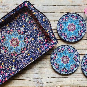 Set Of 4 DRINK COASTERS With TRAY | Housewarming Gift  Mediterranean Design Pattern , Decorative Coffee Tea Tray Set | Coasters Set | Gift