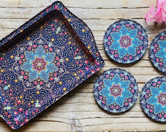 Set Of 4 DRINK COASTERS With TRAY | Housewarming Gift  Mediterranean Design Pattern , Decorative Coffee Tea Tray Set | Coasters Set | Gift