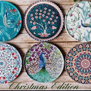 Coaster | Set of 6 Drink Coasters | Mediterranean Pattern Coasters | Art Coaster Set | Christmas Gifts | Housewarming Gift | Gifts for Her Christmas Edition
