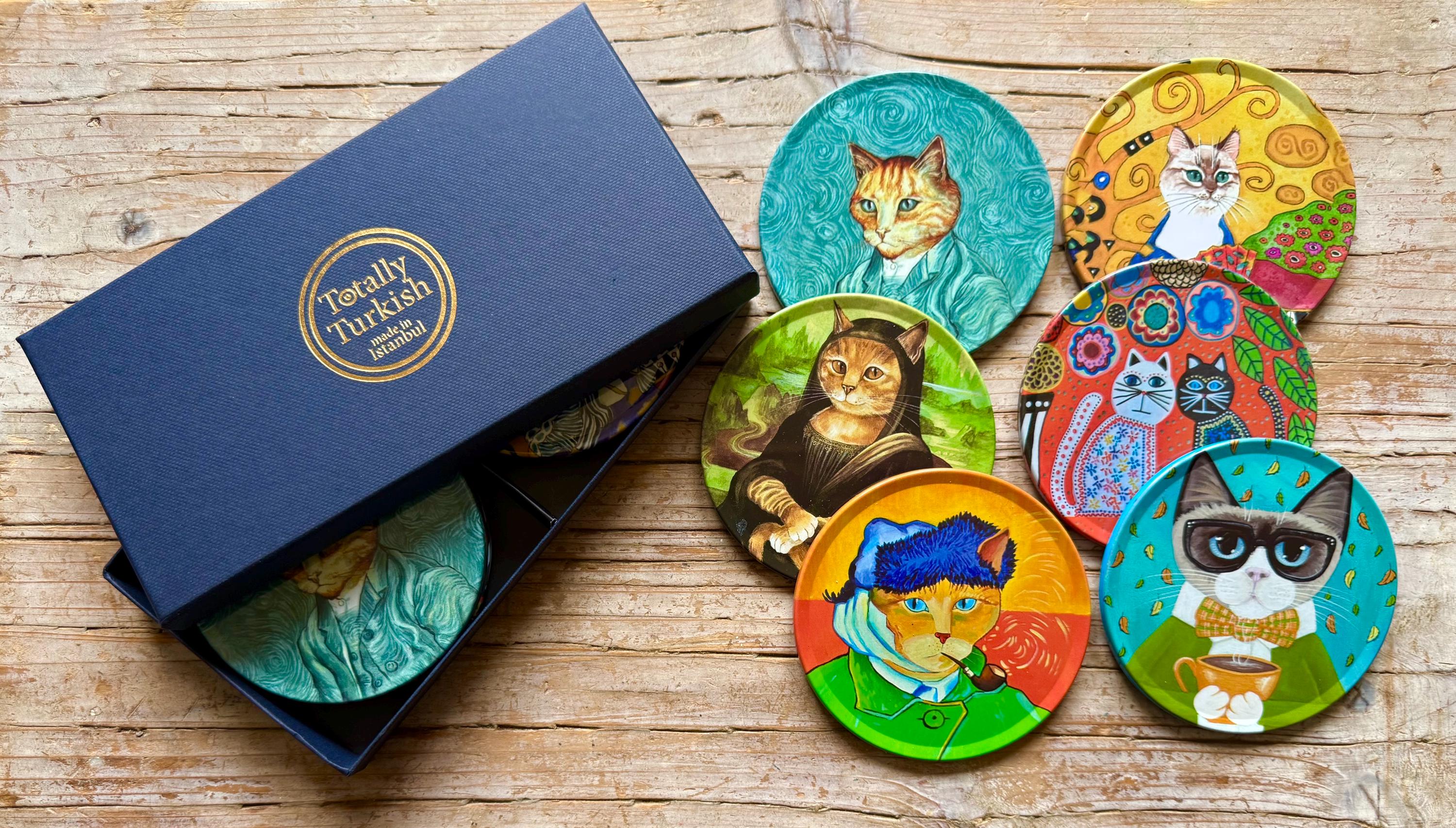 Coasters | Set of 6 Drink Coaster Set | Cat Gifts | Animal | Art