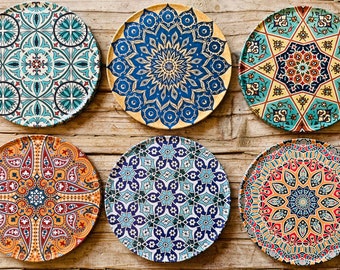 Set of 6 Coasters | Drink Coaster | Turkish / Persian / Mediterranean design pattern Coasters | Tea Coffee Cup Mats | Housewarming Gift