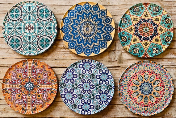 Drink Coasters Set Of 6 Turkish Moroccan Design Round Coaster Tea Coffee  Cup Mat