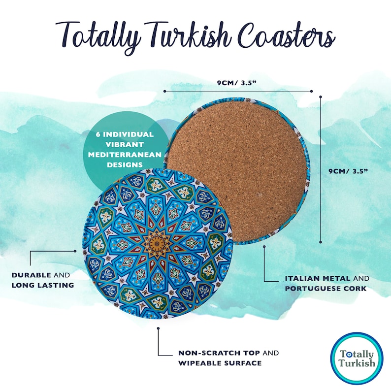 May include: Set of six cork-backed coasters with vibrant Mediterranean designs. Each coaster is 3.5 inches in diameter and features a non-scratch top surface. The coasters are made of Italian metal and Portuguese cork.