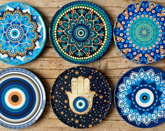 Evil Eye Art Coasters - Mediterranean Cork & Metal Drink Coaster Set