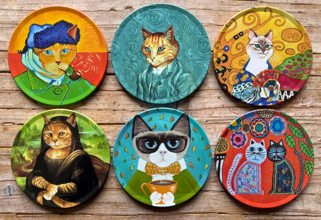 Coasters | Set of 6 Drink Coaster Set | Cat Gifts | Animal | Art