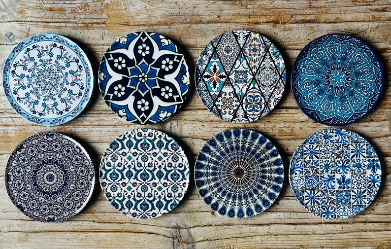 Coasters Set Set of 8 Drink Coasters / Turkish / Mediterranean / Persian Pattern Coasters Cup Mats Housewarming Gift Gifts for Her image 1