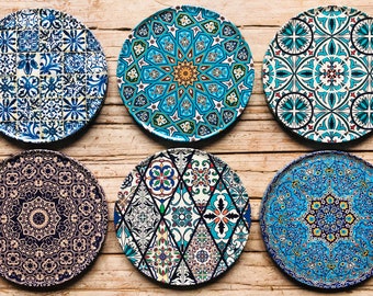 Coaster Set | Set of 6 Drink Coasters / Turkish Mediterranean Pattern Coasters | Tea Coffee Mats | Housewarming/ Home Gift / Birthday Gift