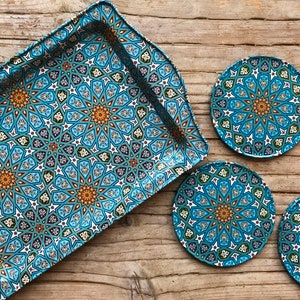 TRAY GIFT SET with 4 coasters : Turkish /Mediterranean Design Pattern Small Tray & Coasters Set / Home Decor / Housewarming Gifts