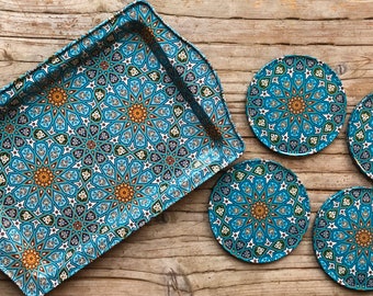 Turkish Tile Tray and Coaster Set: Mediterranean Home Decor
