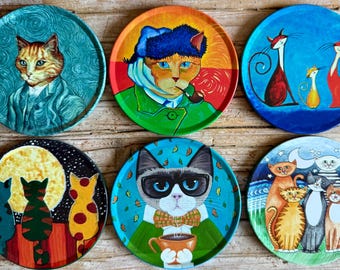 Cat Coasters | Set of 6 Drink Coasters | Christmas Gifts | Animal ,Art Coasters | Best Gift | Boho Coaster | Housewarming Gift | Coaster Set