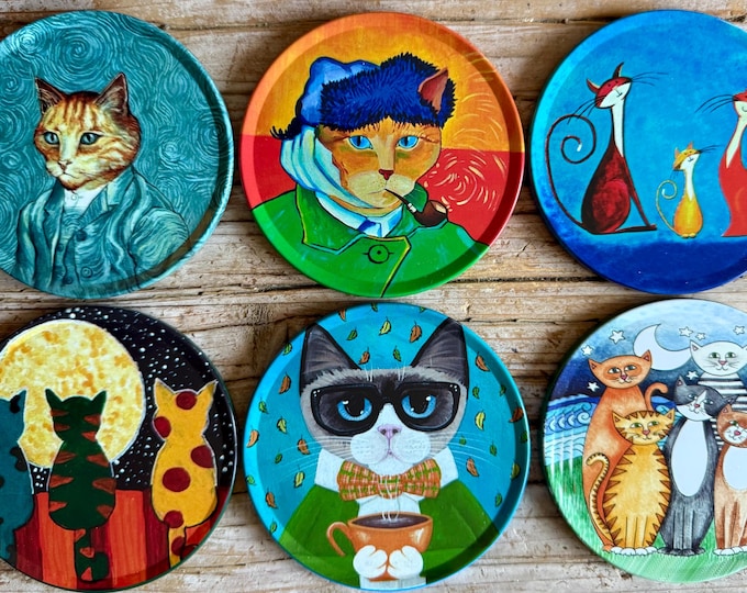 Cat Coasters | Set of 6 Drink Coasters | Christmas Gifts | Animal ,Art Coasters | Best Gift | Boho Coaster | Housewarming Gift | Coaster Set