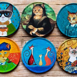 Kattenonderzetters | Set van 6 drankonderzetters | Kerstcadeaus | Onderzetters met dieren- en kunstmotief | Het beste cadeau | Boho-onderzetters | Cadeau voor een housewarming | Onderzetterset