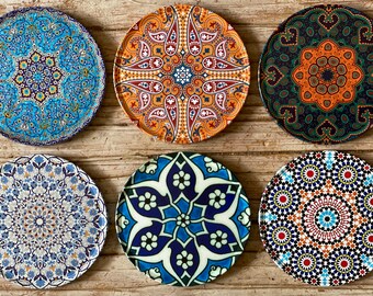 Coasters Set / Set of 6 Drink Coasters | Turkish / Mediterranean / Persian Design Coaster / Cup Mats / Christmas Gift / Housewarming Gift