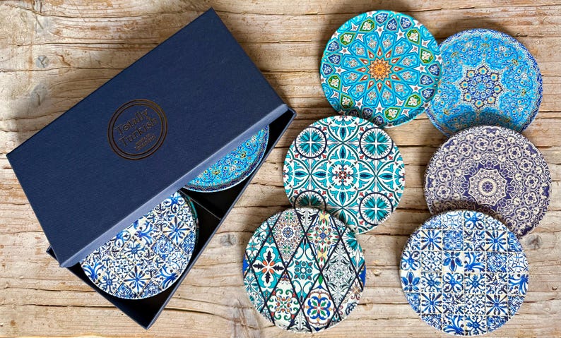 Coaster | Set of 6 Drink Coasters | Mediterranean Pattern Coasters | Art Coaster Set | Christmas Gifts | Housewarming Gift | Gifts for Her image 13