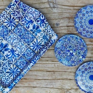 Set Of 4 DRINK COASTERS With TRAY | Turkish / Mediterranean / Persian design pattern Coaster | Housewarming Gift / Birthday , Wedding Gift