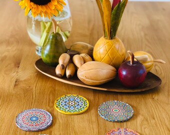 Set Of 4 Turkish Ethnic Mandala Neoprene Drink Coasters – Teal & Orange, Slip-Proof