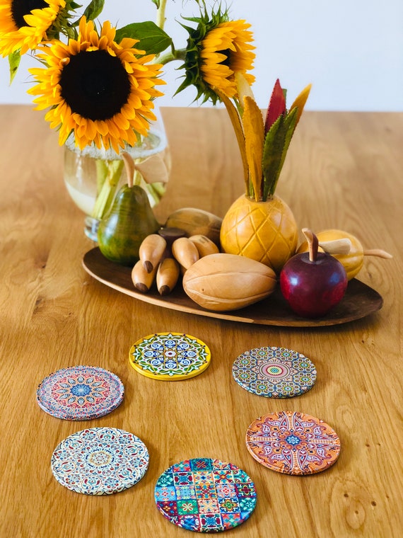 Coasters / Set of 6 Drink Coasters Turkish Mediterranean Persian Design Coaster  Set Mats Gifts for Her Housewarming Birthday Gift 