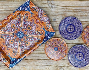 Turkish Coaster Set with Metal Tray | Mediterranean Design