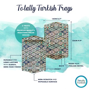May include: Two decorative serving trays with a colorful Mediterranean tile design. The trays are made of Italian metal and measure 9.9 inches by 6.3 inches. They have a non-scratch and wipeable surface.