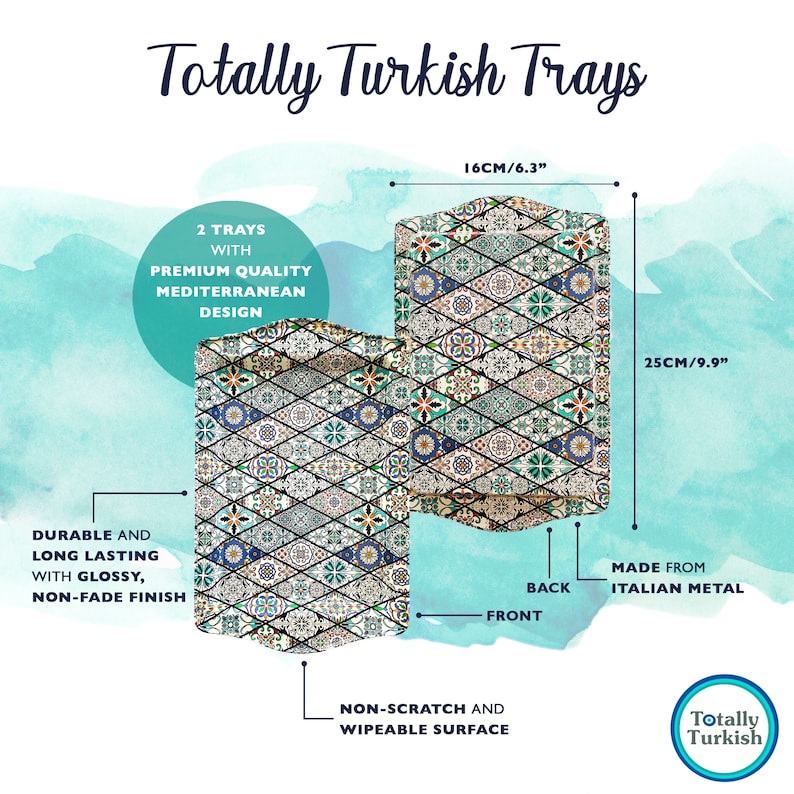 May include: Two decorative serving trays with a colorful Mediterranean tile design. The trays are made of Italian metal and measure 9.9 inches by 6.3 inches. They have a non-scratch and wipeable surface.