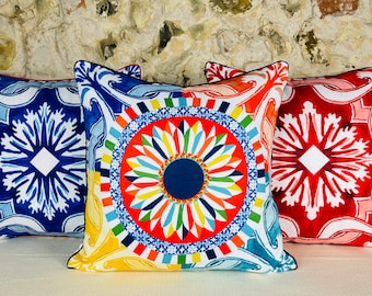 Mediterranean Cushion Cover: Colorful Tile Design, Handmade Pillow (43cm)