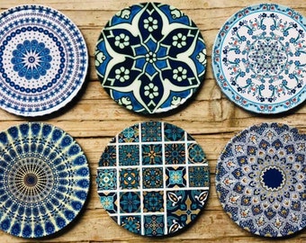 Set of 6 Coasters | Drink Coaster Set | Turkish Persian Mandala Pattern Coasters | Tea Coffee Cup Mats | Christmas Gift | Housewarming  Gift