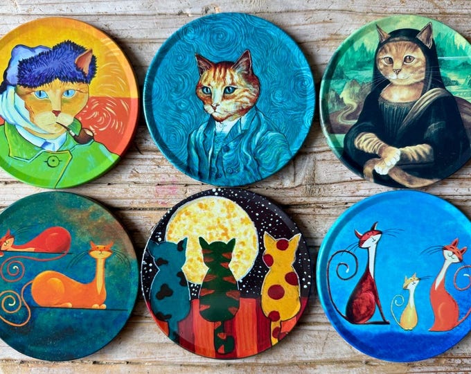 Cat Coasters | Set of 6 Drink Coasters | Christmas Gifts | Animal ,Art Coasters | Best Gift | Boho Coaster | Housewarming Gift | Coaster Set