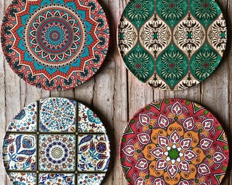 Set of 4 Coasters / Various Coaster Sets / Turkish Mediterranean Persian Moroccan design pattern / Tea Coffee Cup Mats  /Housewarming Gift