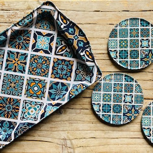 TRAY GIFT SET with Coasters Turkish / Mediterranean / Persian design pattern Housewarming Gift 4 Coasters with Tray Gift for Her image 1