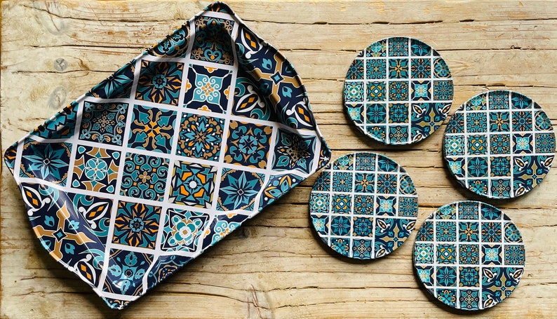 TRAY GIFT SET with Coasters Turkish / Mediterranean / Persian design pattern Housewarming Gift 4 Coasters with Tray Gift for Her image 1