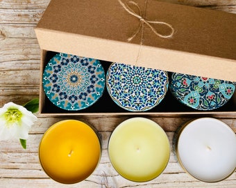 Set van 3 GEURKAARSENSET | Cadeauset | Natuurlijk | Handgemaakt | Veganistische kaarsen in decoratieve dozen, meditatie, housewarming, kerstcadeau