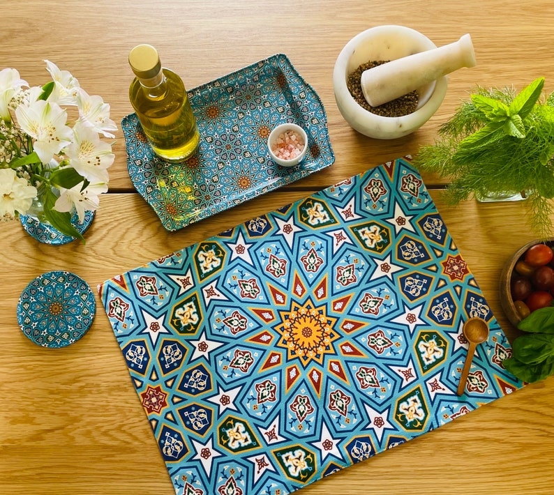 Placemats / Mediterranean Persian Pattern Placemats Set of 2, 4, 6 Table Mats Placemats & Tray Set Housewarming Christmas Gifts Sky Blue