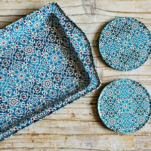 Set Of 4 COASTERS With Matching TRAY | Mediterranean Turkish design pattern Coaster Tray Set | Housewarming Gifts / Birthday / Wedding Gift