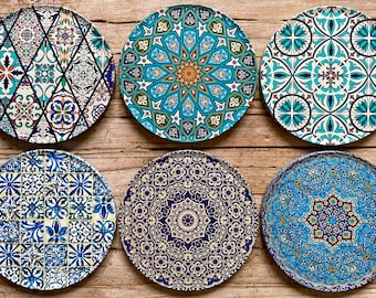 Sous-bocks | Lot de 6 dessous de verre/méditerranéen/persan/turc/cadeau de pendaison de crémaillère/cadeau pour elle/décoration d'intérieur/cadeau de l'Aïd