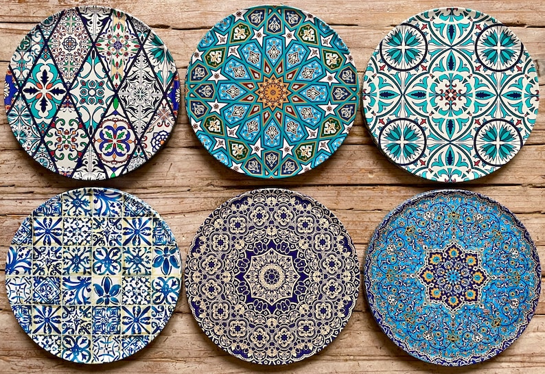 Coasters Set of 6 Drink Coaster /Mediterranean Persian Turkish Coasters Set / Housewarming Gift / Gifts for Her / Home Decor / Best Gift image 1