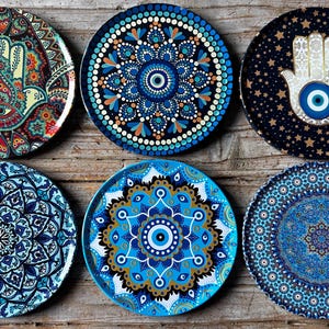 Coaster Set | Set of 6 Drink Coaster Set  / Evil Eye Coasters | Boho | Art Coasters | Housewarming Gift | Home Decor | Christmas Gifts