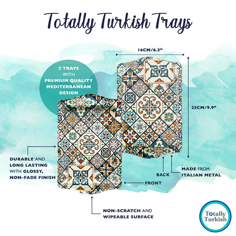 TWIN PACK of TRAYS with Gift Box Turkish / Moroccan / Mediterranean design pattern Trays by Totally Turkish / Serving Plates image 9