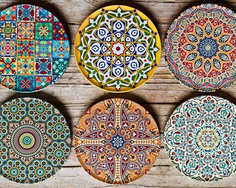 Coasters / Set of 6 Drink Coasters | Turkish Mediterranean Boho Coaster Set | Gifts For Her | Housewarming | Birthday Gift | Christmas Gifts