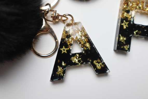 Initial Keychain black Gold Leaf Resin Letter Keychain handmade