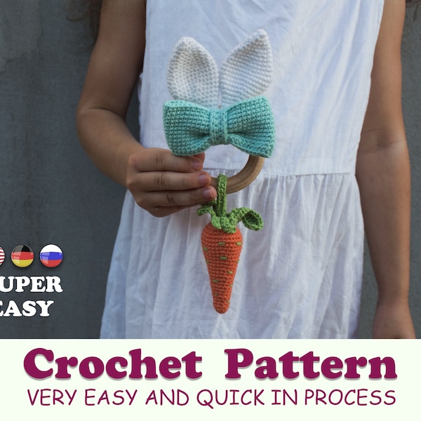 Crochet baby teether "Bunny ears with a carrot". Baby rattle pattern. Easter prop. Cute bunny ears. Amigurumi carrot. Baby's first easter