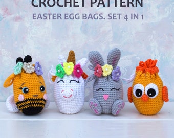 CROCHET PATTERN Easter egg bunny bags. Crochet unicorn. Crochet egg stuffed unicorn. Mini bunny crochet pattern. Bunny bag with ears. Bee