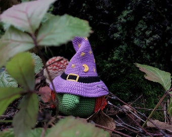 Halloween crochet pattern green witch doll gnome ornament. Witch hat.
