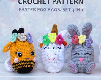 CROCHET PATTERN Easter egg bunny bags. Crochet unicorn. Crochet egg stuffed unicorn. Mini bunny crochet pattern. Bunny bag with ears. Bee