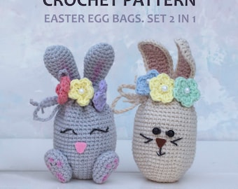 CROCHET PATTERN Easter egg bunny bags. Mini bunny crochet pattern. Crochet bunny bag with ears. Crochet easter basket. Crochet easter decor