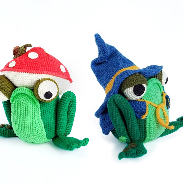 Amigurumi pattern crochet frog pattern. Frog in crochet mushroom hat and frog in wizard costume
