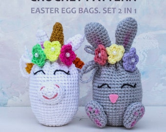 CROCHET PATTERN Easter egg bunny bags. Crochet unicorn basket. Crochet egg stuffed unicorn. Mini bunny crochet pattern. Bunny bag with ears